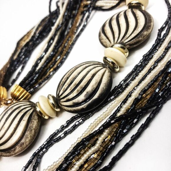 Vintage Multi-Strand Black/Ivory Beaded Opera Necklace - Picture 3 of 7